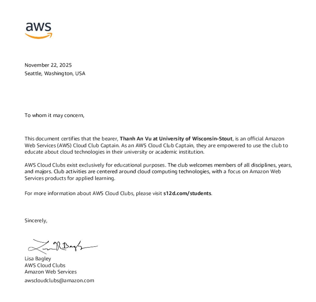 AWS letter recognizing Thanh An Vu as a Cloud Club Captain at UW-Stout